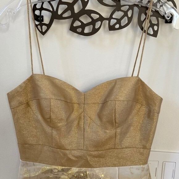 AIDAN MATTOX Silk Gold Leaf Ruffle Mini Dress 4 - Picture 3 of 10